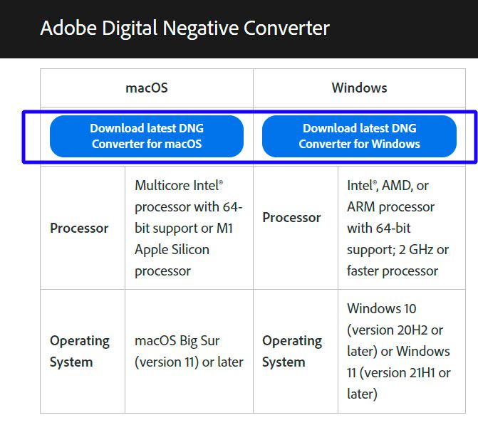 Adobe DNG Converterのダウンロード..