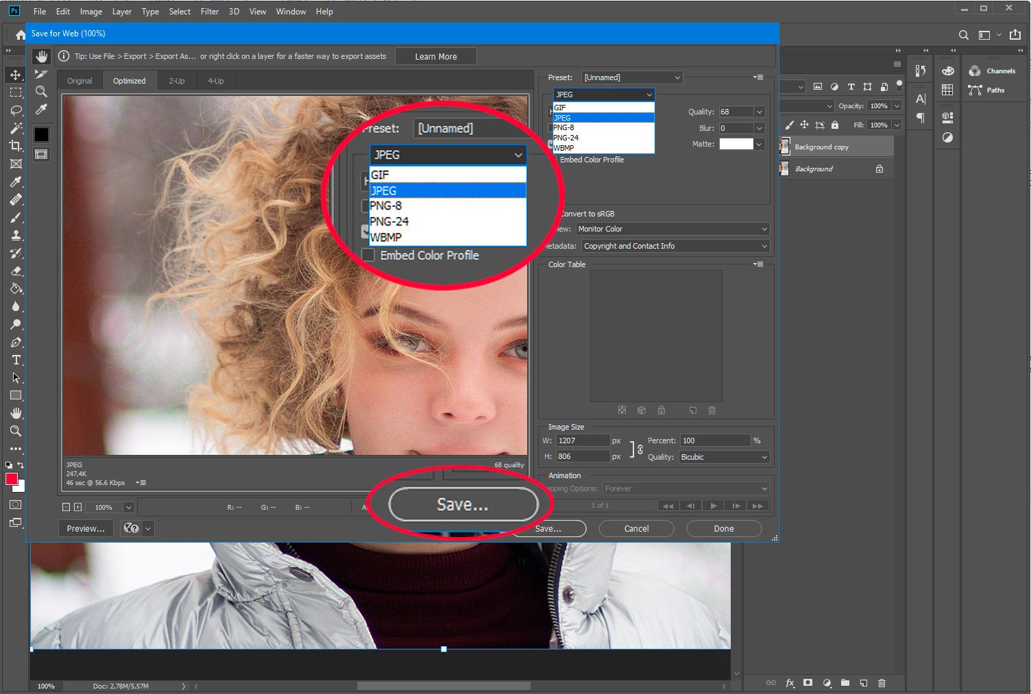 Adobe Photoshop. Web用にPSDをjpgで保存する..