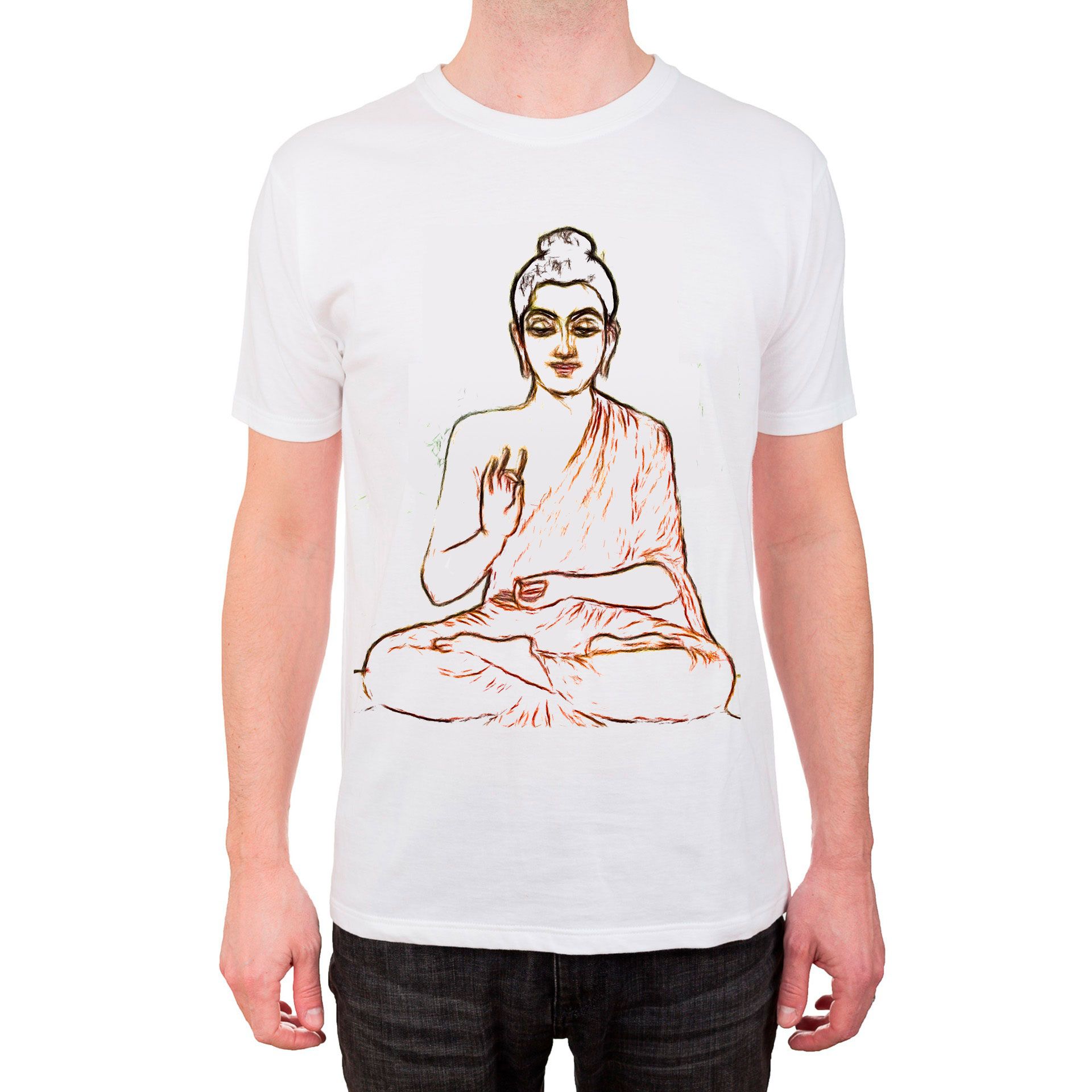 仏陀の線画スケッチが描かれたTシャツ..
