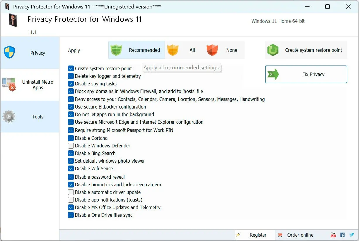 Privacy Protector for Windows 11 スクリーンショット.