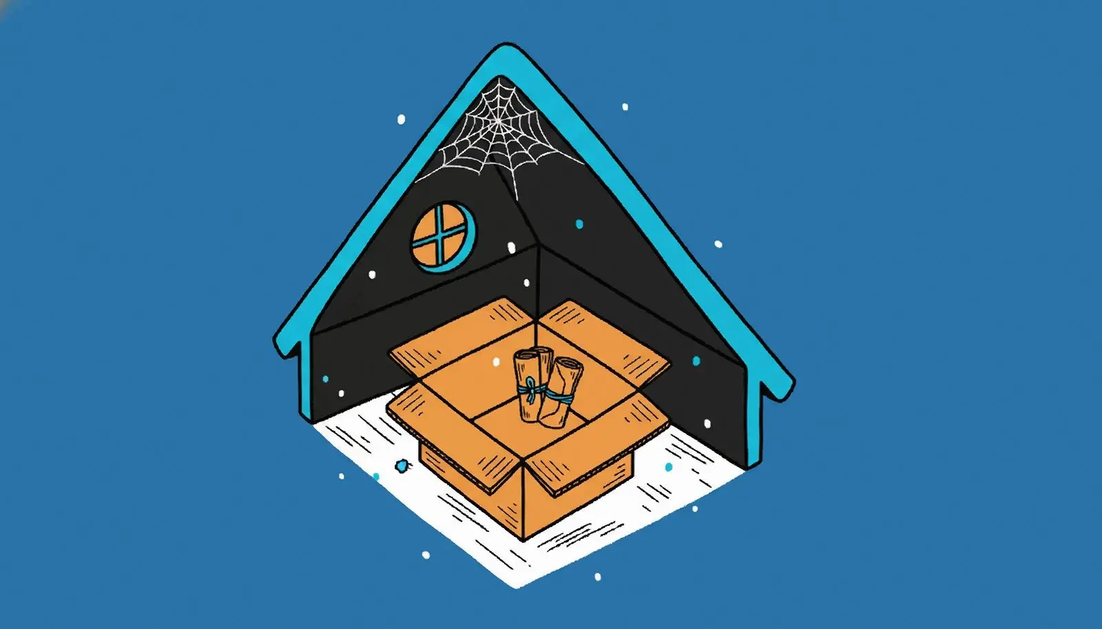 屋根裏部屋にある、麻紐で縛られた手紙が入った半分空の段ボール箱.