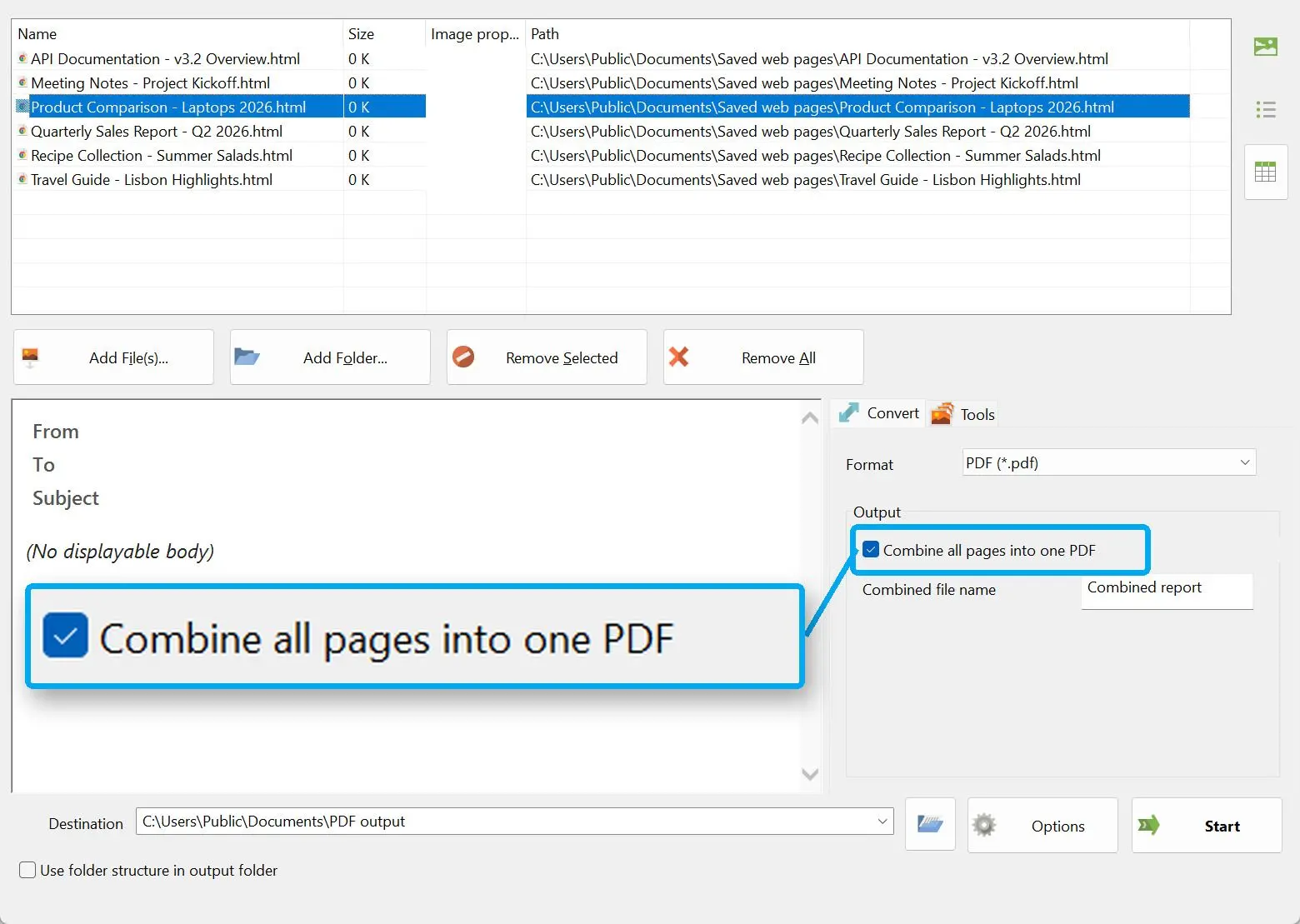 「すべてのページを1つのPDFに結合」にチェックを入れる.