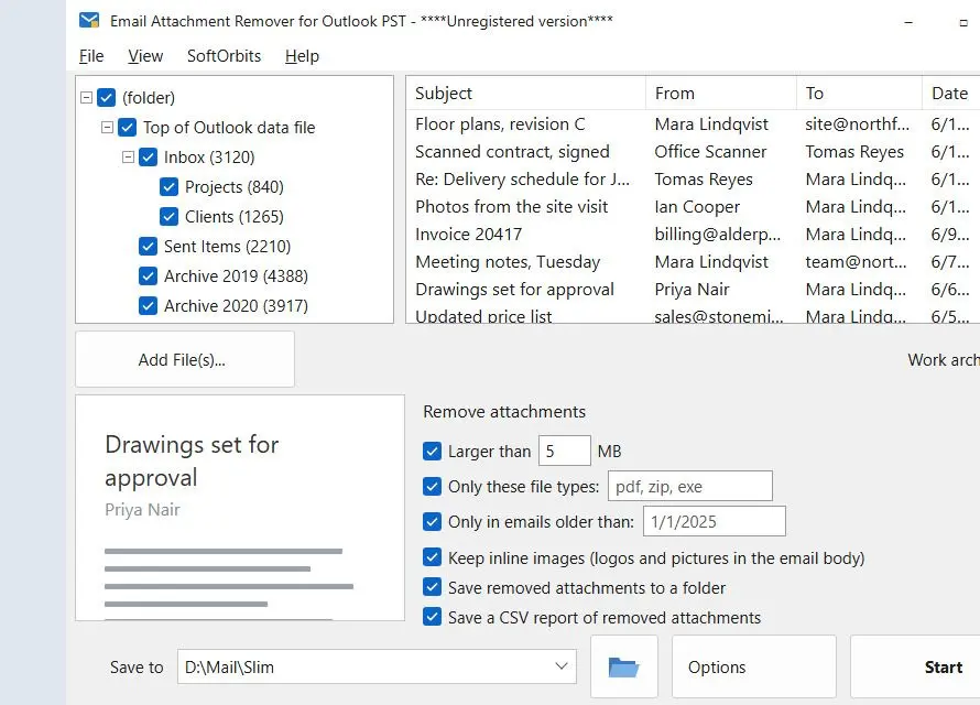 Email Attachment Remover for Outlook PST スクリーンショット.