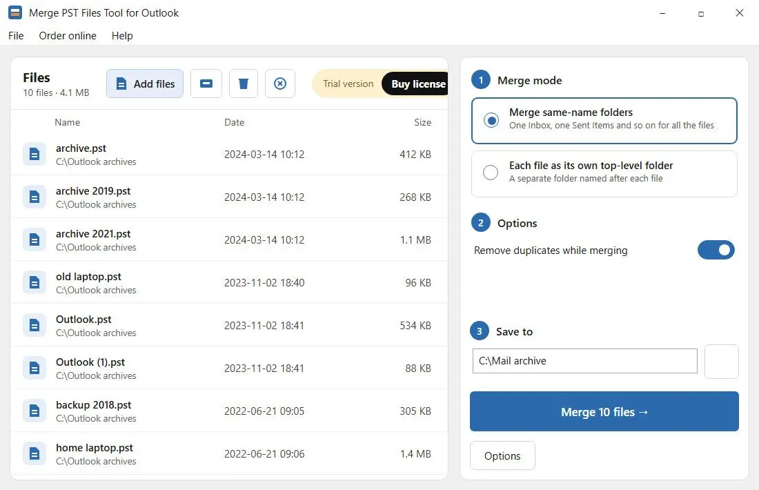 Merge PST Files Tool for Outlook スクリーンショット.