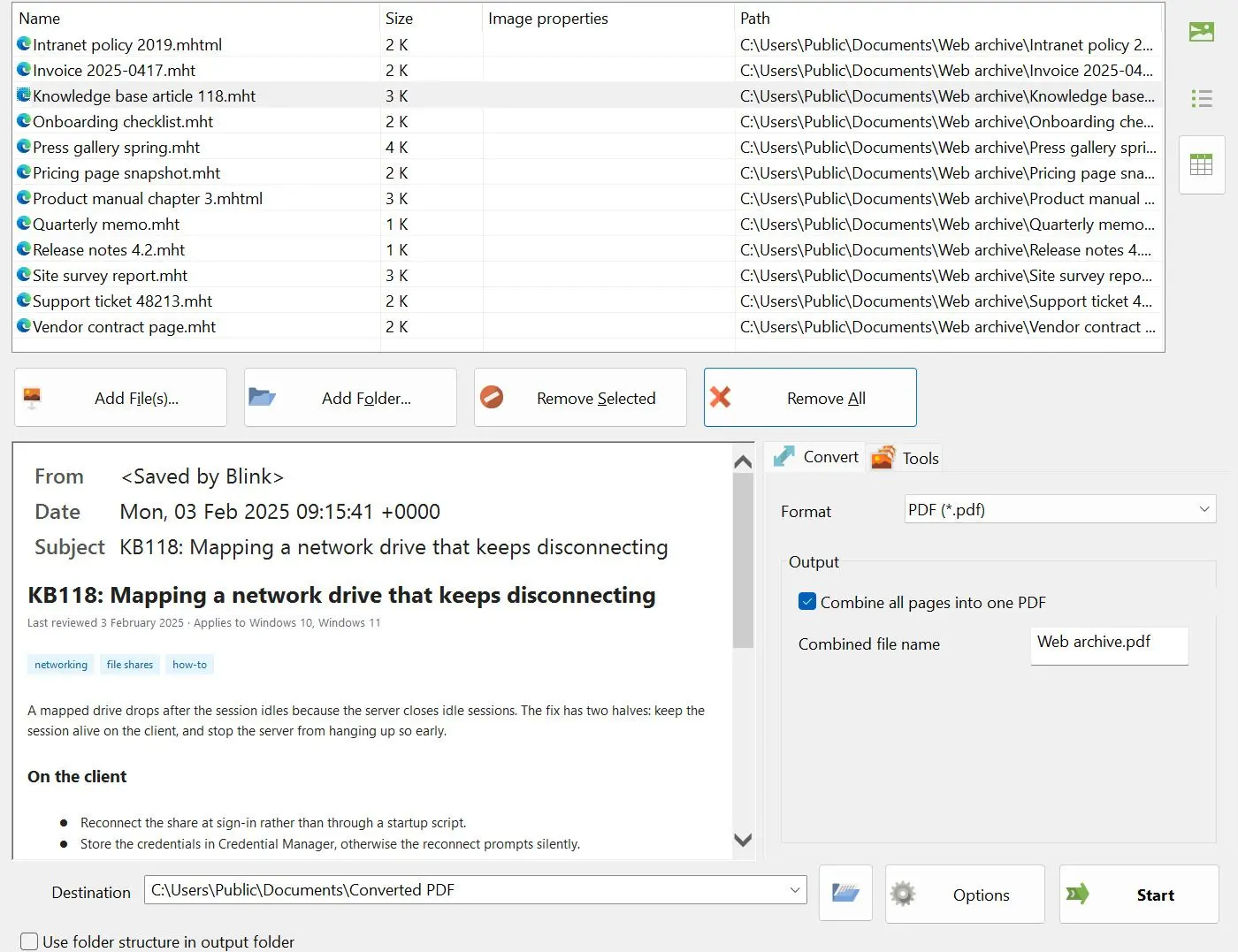 MHTML to PDF Converter スクリーンショット.